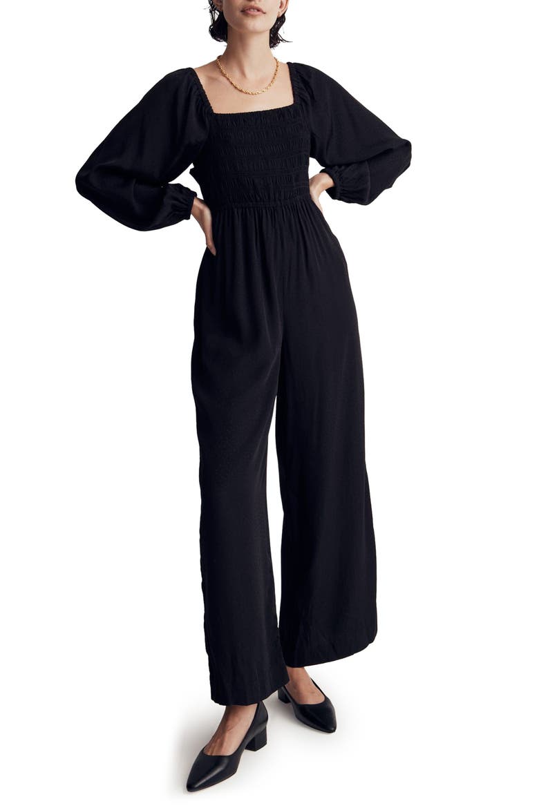 Lucie Star Jacquard Tie Back Long Sleeve Jumpsuit, Main, color, TRUE BLACK
