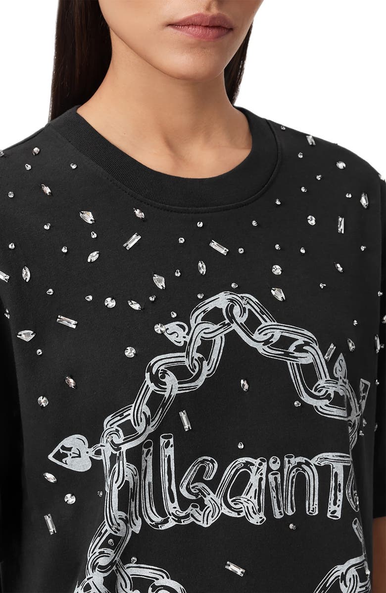 AllSaints Scattered Rhinestone Logo Cotton T-Shirt Dress, Alternate, color, Washed Black