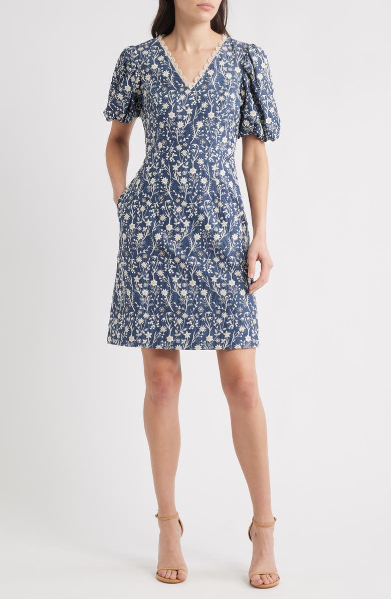 Eliza J Embroidered Puff Sleeve Dress, Main, color, Denim