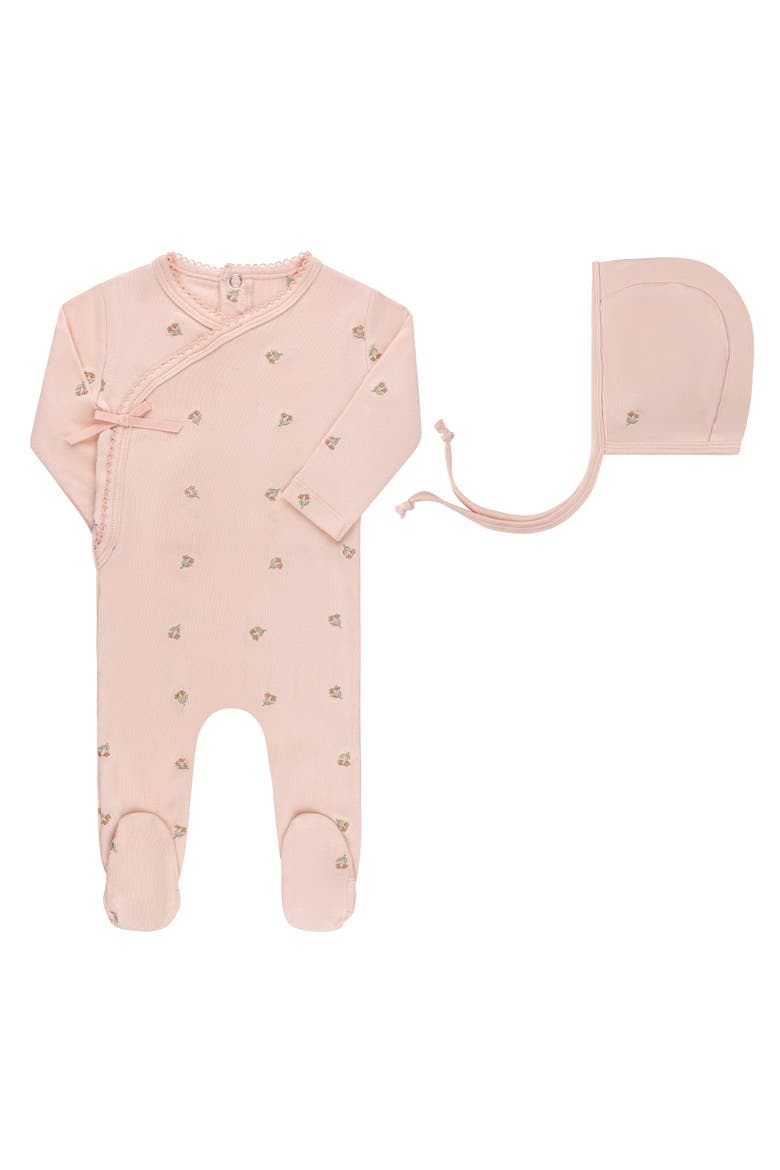 Embroidered Collection - Footie + Bonnet, Main, color, Pink Tulip