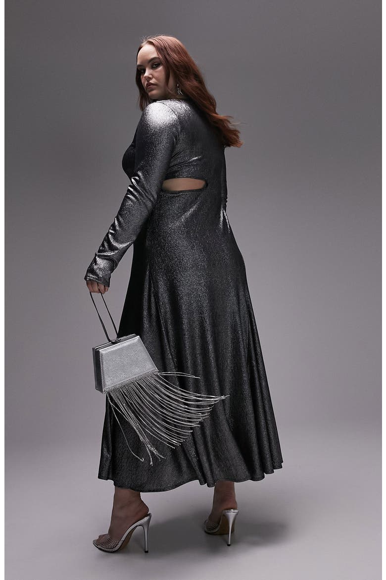 Curve Cutout Long Sleeve Metallic Maxi Dress, Alternate, color, SILVER