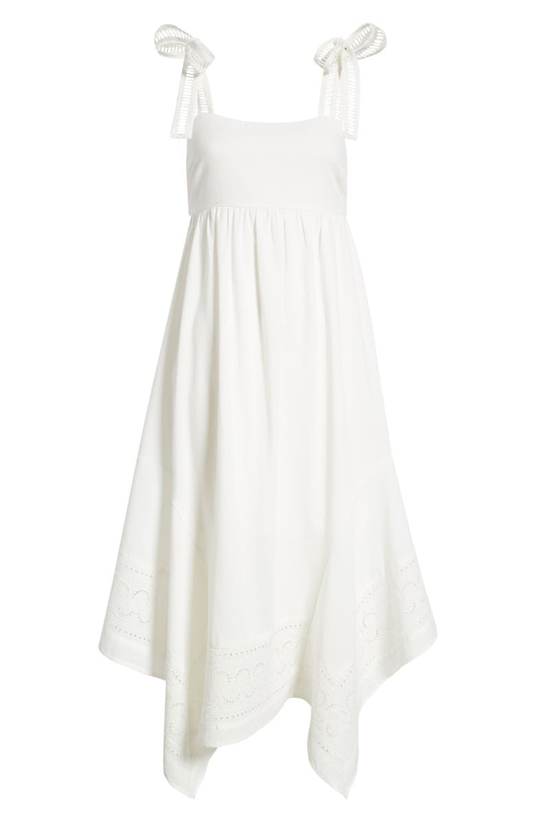MOON RIVER Embroidered Handkerchief Hem Midi Sundress, Alternate, color,