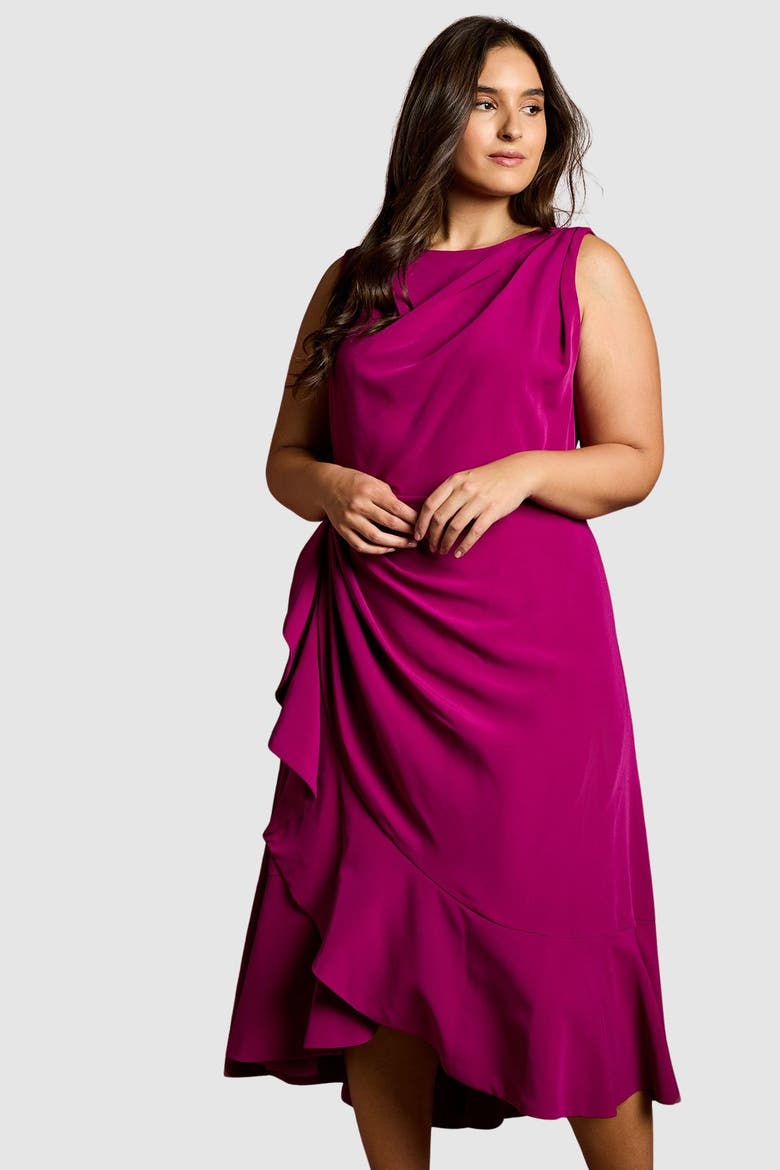 Plus Crepe Ruffle Midi Dress, Alternate, color, Berry