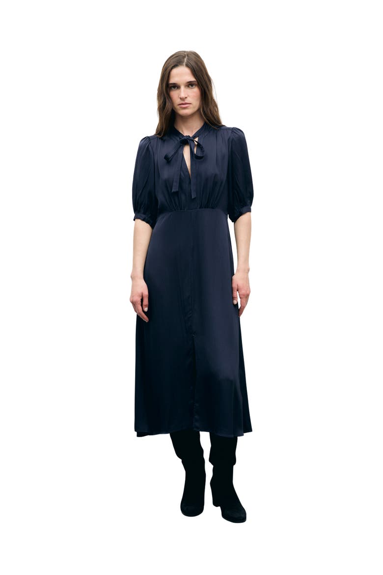 Chani Tie Neck Midi Dress, Alternate, color, Ink