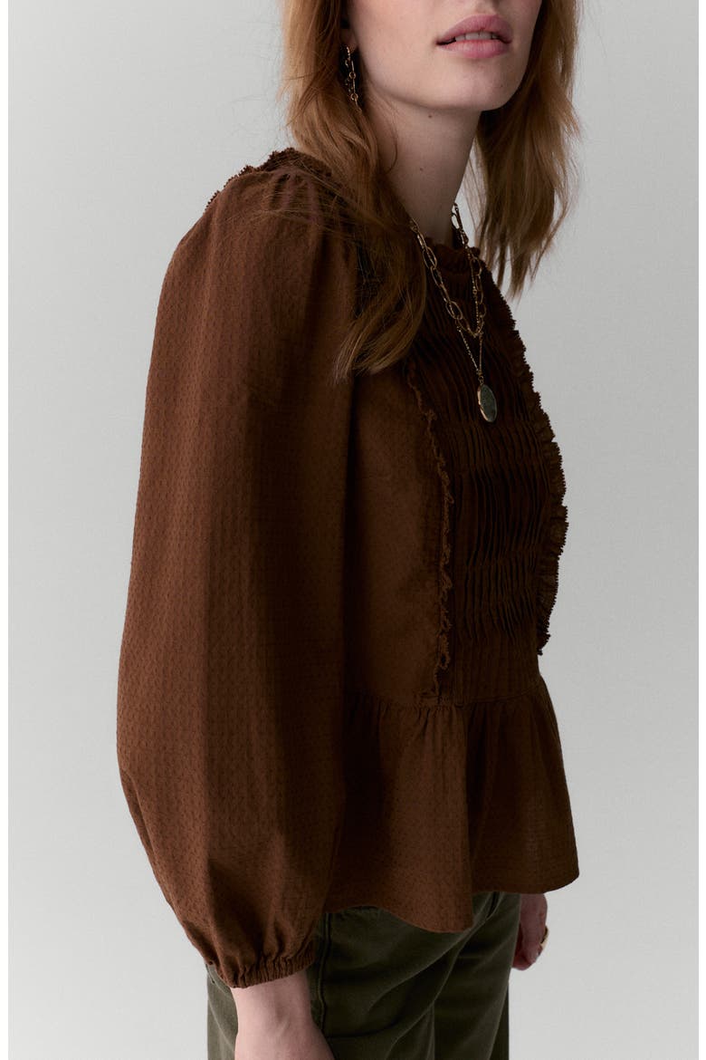 Pleated Ruffle Trim Cotton Peplum Top, Alternate, color, CONKER CHOCOLATE BROWN