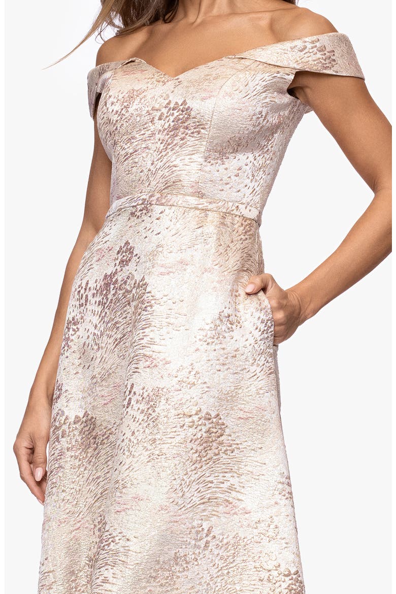 Jacquard Metallic Off the Shoulder Ballgown, Alternate, color, BLUSH/ GOLD