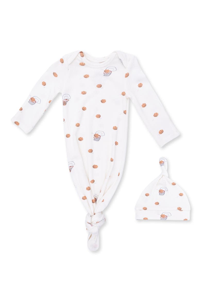 Basketball Print Knotted Gown & Beanie Set, Main, color, IVORY