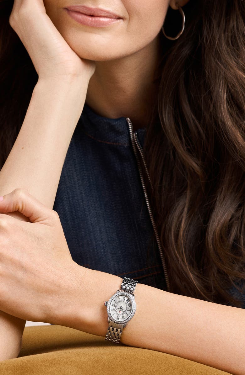 MICHELE Serein Oval Diamond & Mother-of-Pearl Bracelet Watch, 24mm x 27mm, Alternate, color, Silver