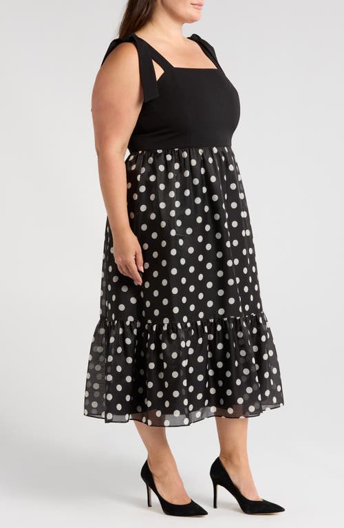 Anne Klein Plus Size Tie-strap Polka-dot Midi Dress In Black