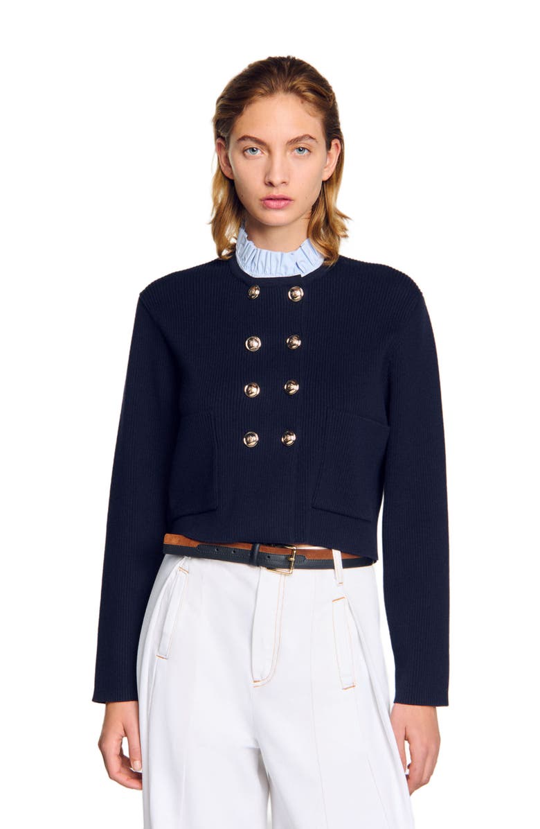 SANDRO Cardigan with removable ruffled collar, Alternate, color, 