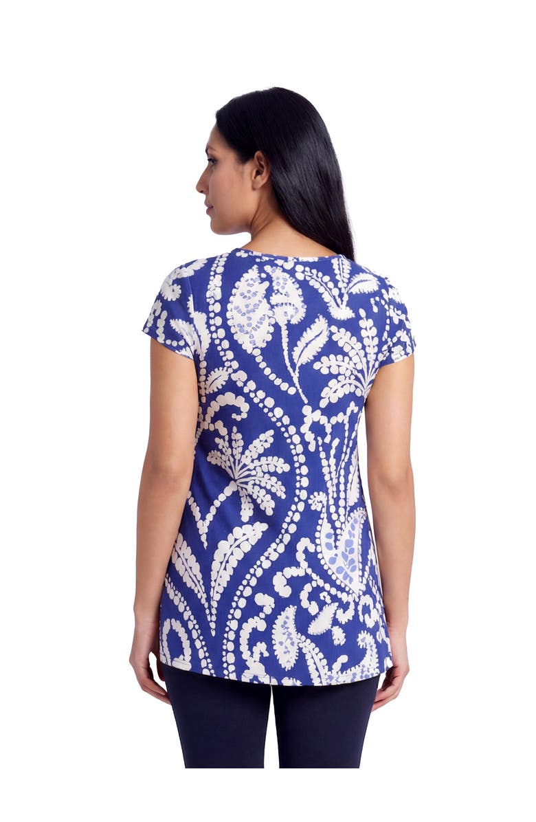 24seven Comfort Apparel Maternity Basic Paisley Print V-Neck Short Sleeve Flared Tunic Top, Alternate, color, Blue Multi