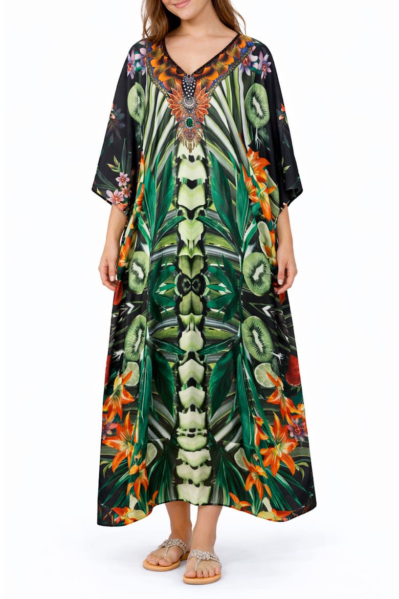 Print V-Neck Maxi Caftan, Main, color, GREEN