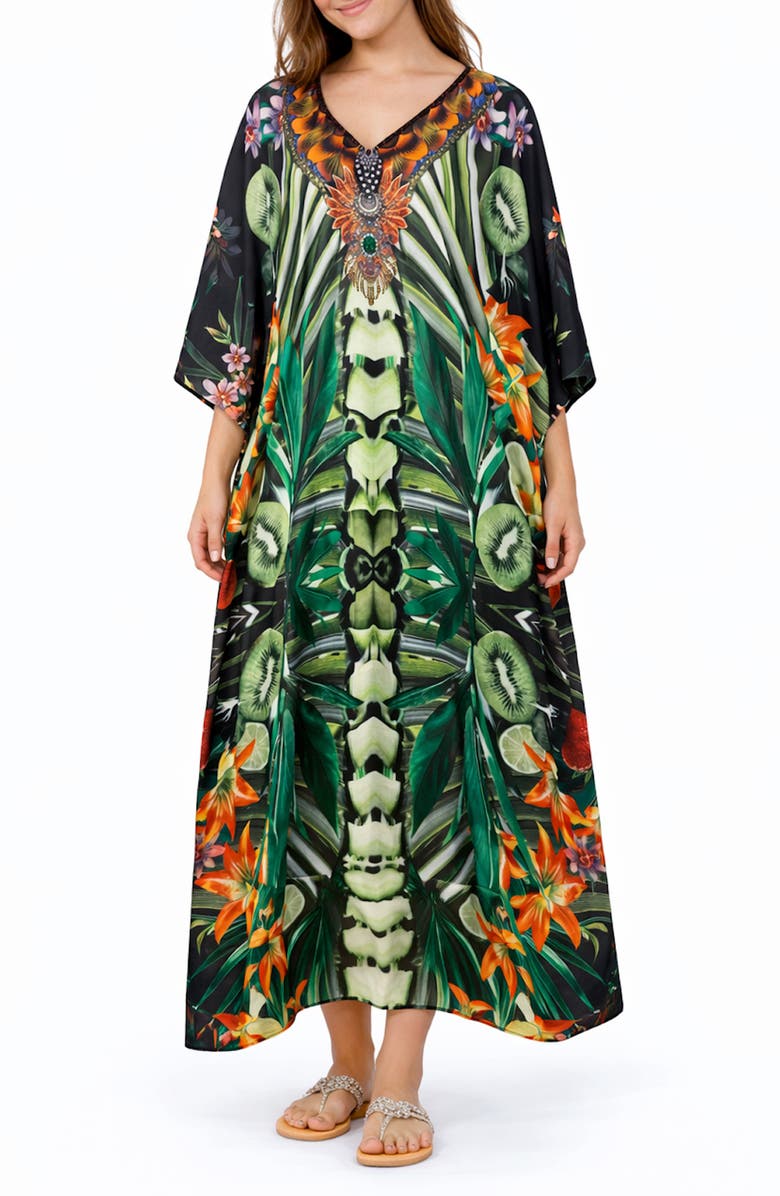 RANEES Print V-Neck Maxi Caftan, Main, color,