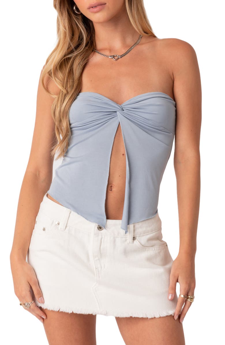 EDIKTED Twist Split Front Tube Top, Main, color, Blue