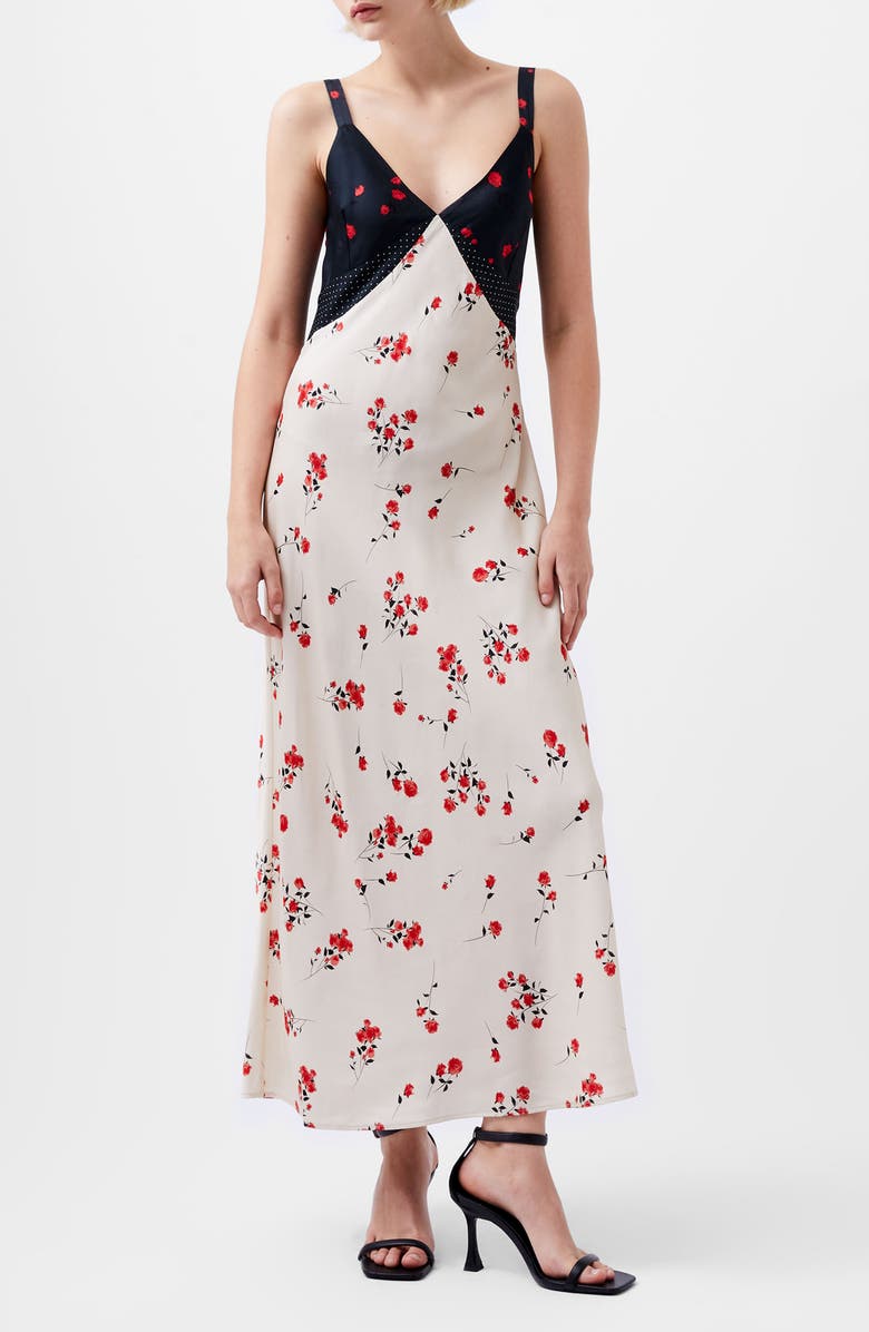 French Connection Floramour Ennis Mixed Print Satin Midi Slipdress, Main, color, 