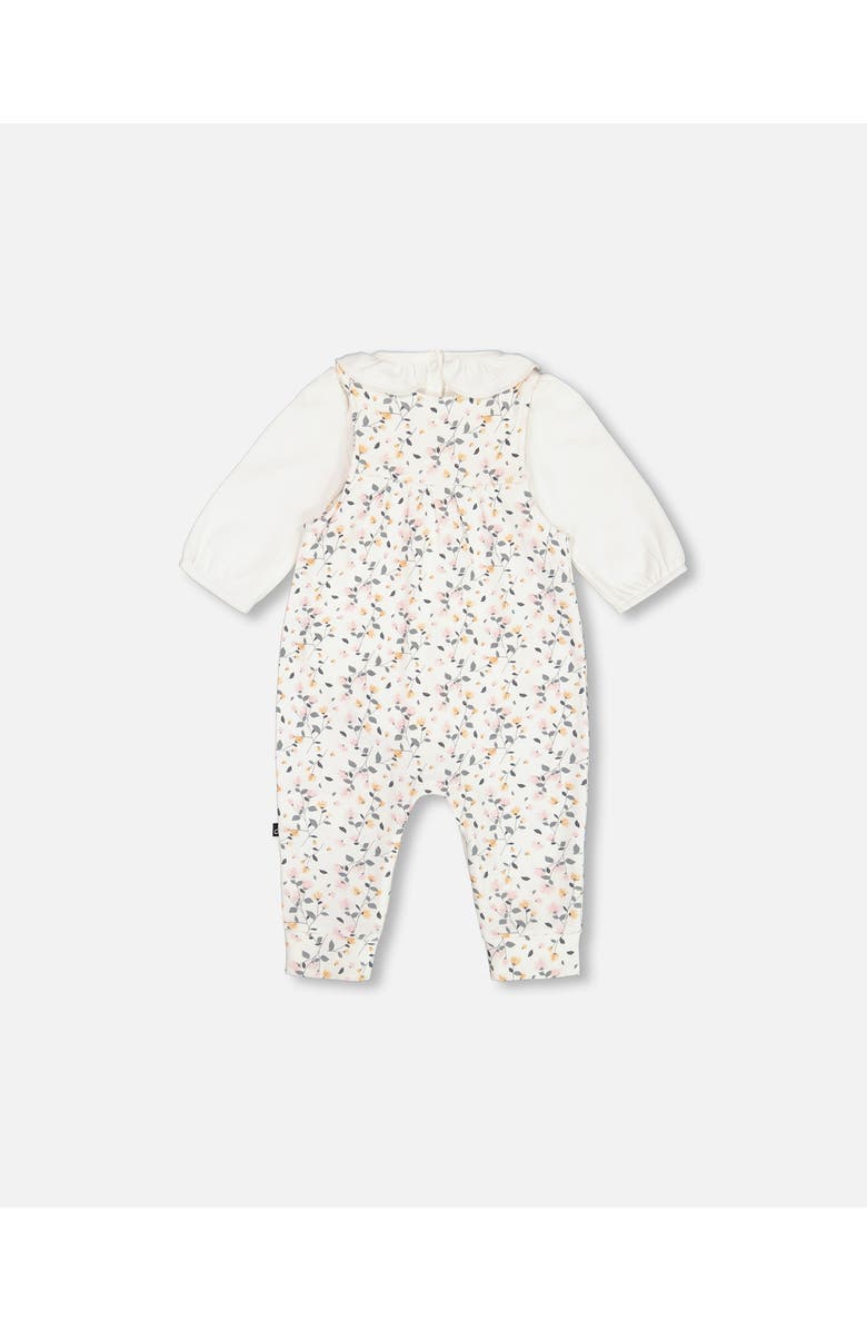 Deux par Deux Baby Girl's Organic Cotton Bodysuit And Printed Overall Set Cream With Flowers, Alternate, color, 
