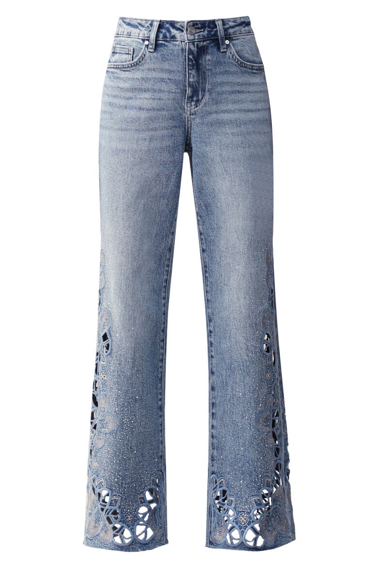Floral Embroidered Raw Hem Wide Leg Jeans, Alternate, color, LIGHT BLUE