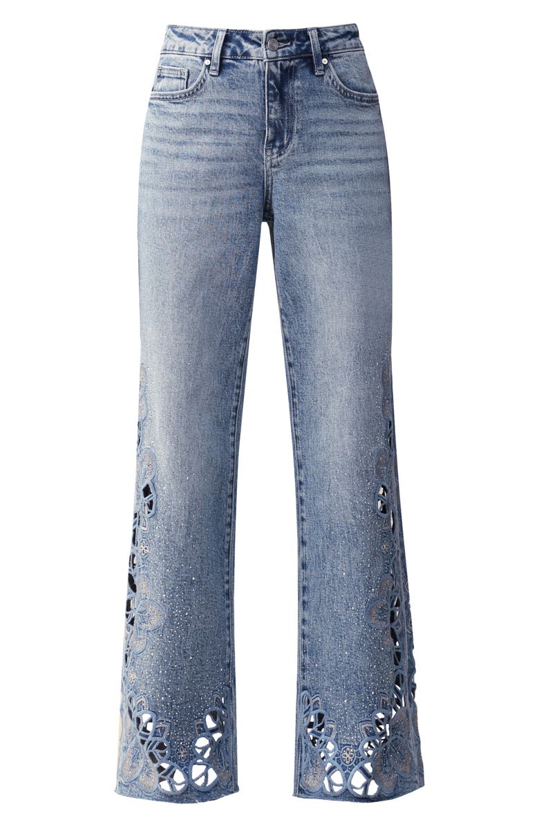 Bayeas Floral Embroidered Raw Hem Wide Leg Jeans, Alternate, color, Light Blue