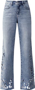 Bayeas Floral Embroidered Raw Hem Wide Leg Jeans