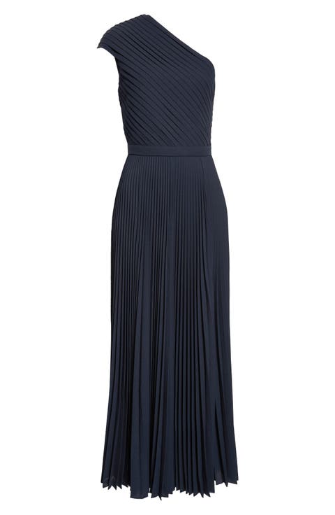 Pleated Georgette One-Shoulder Gown