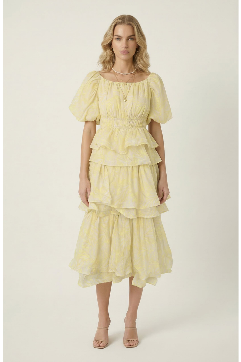 Puff Sleeve Tiered Ruffle Midi Dress, Main, color, Pale Yellow
