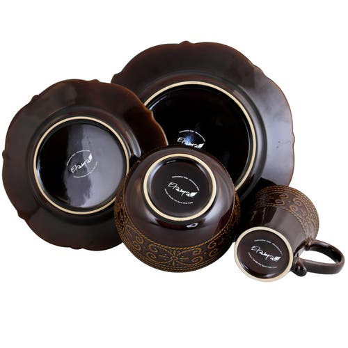 Elama Salia 16 Piece Stoneware Dinnerware Set In Brown