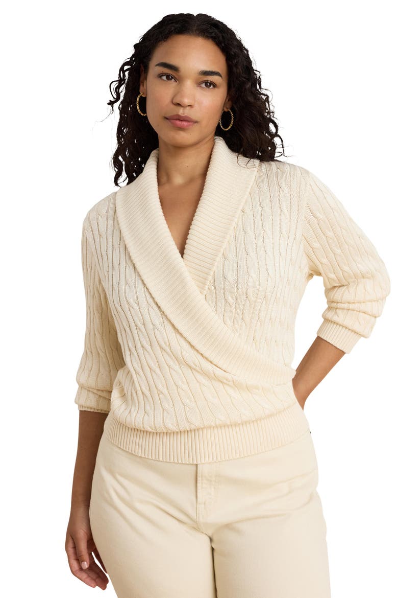 Shawl Collar Cable Knit Sweater, Alternate, color, WINTER CREAM IVORY