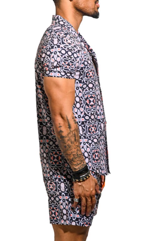 Maceoo Beachtiles Black Short Sleeve Cotton Button-up Shirt In Multi