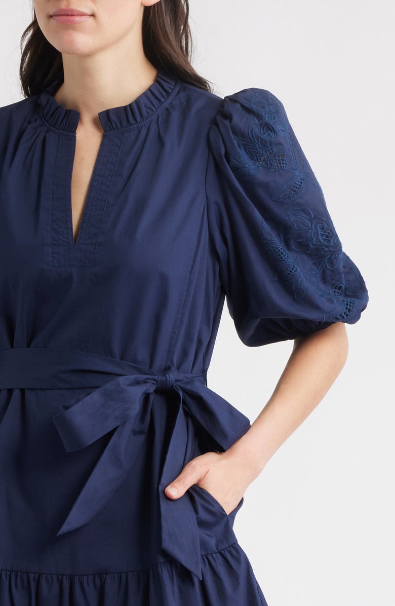 Vince Camuto Embroidered Ruffle Tie Waist Dress, Alternate, color, Navy