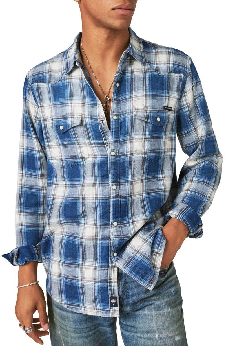 Lucky Brand Plaid Indigo Snap-Up Western Shirt, Main, color, 