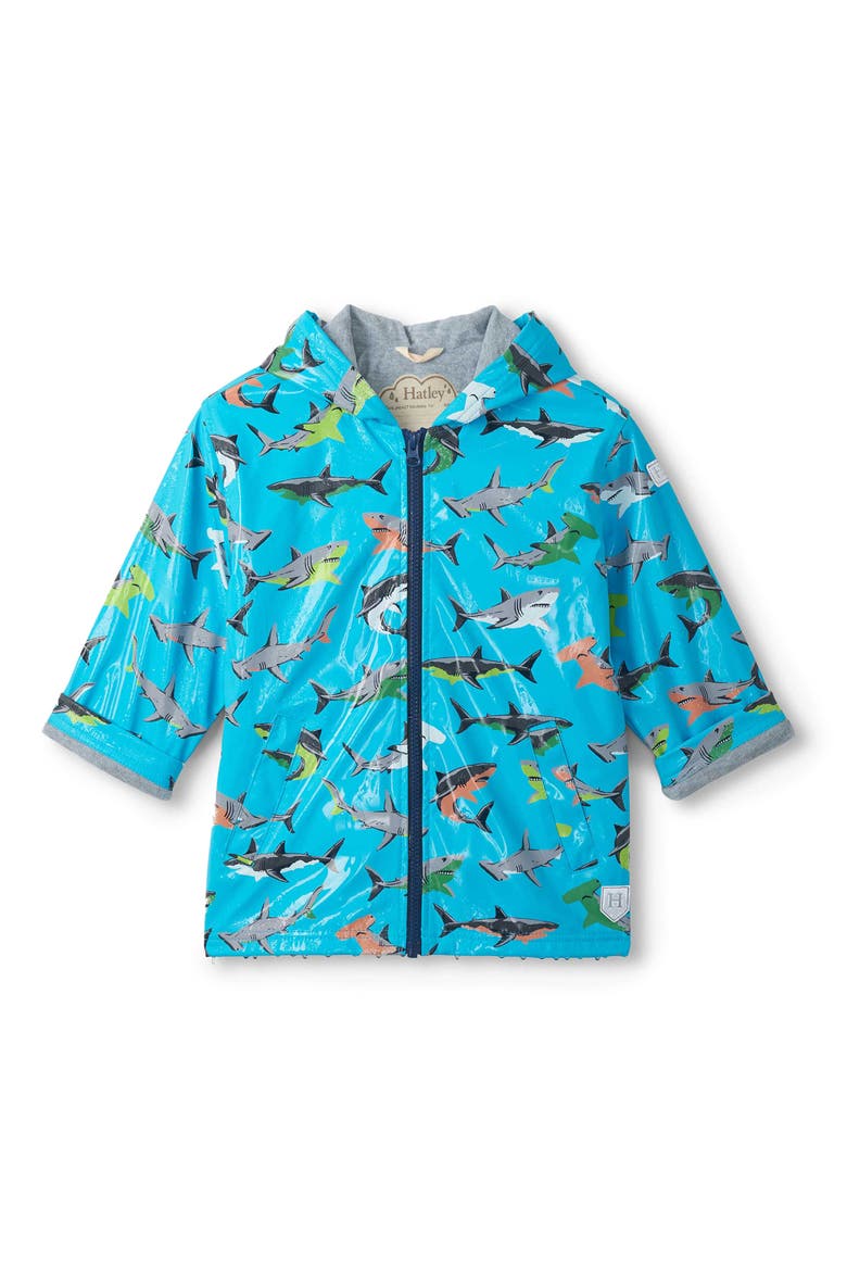 Kids' Shark Party Color Changing Waterproof Hooded Raincoat, Alternate, color, BLUE