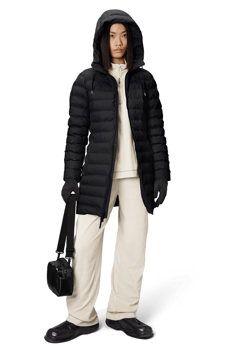 Rains Lohja Curve Waterproof Long Puffer Jacket, Alternate, color, Black