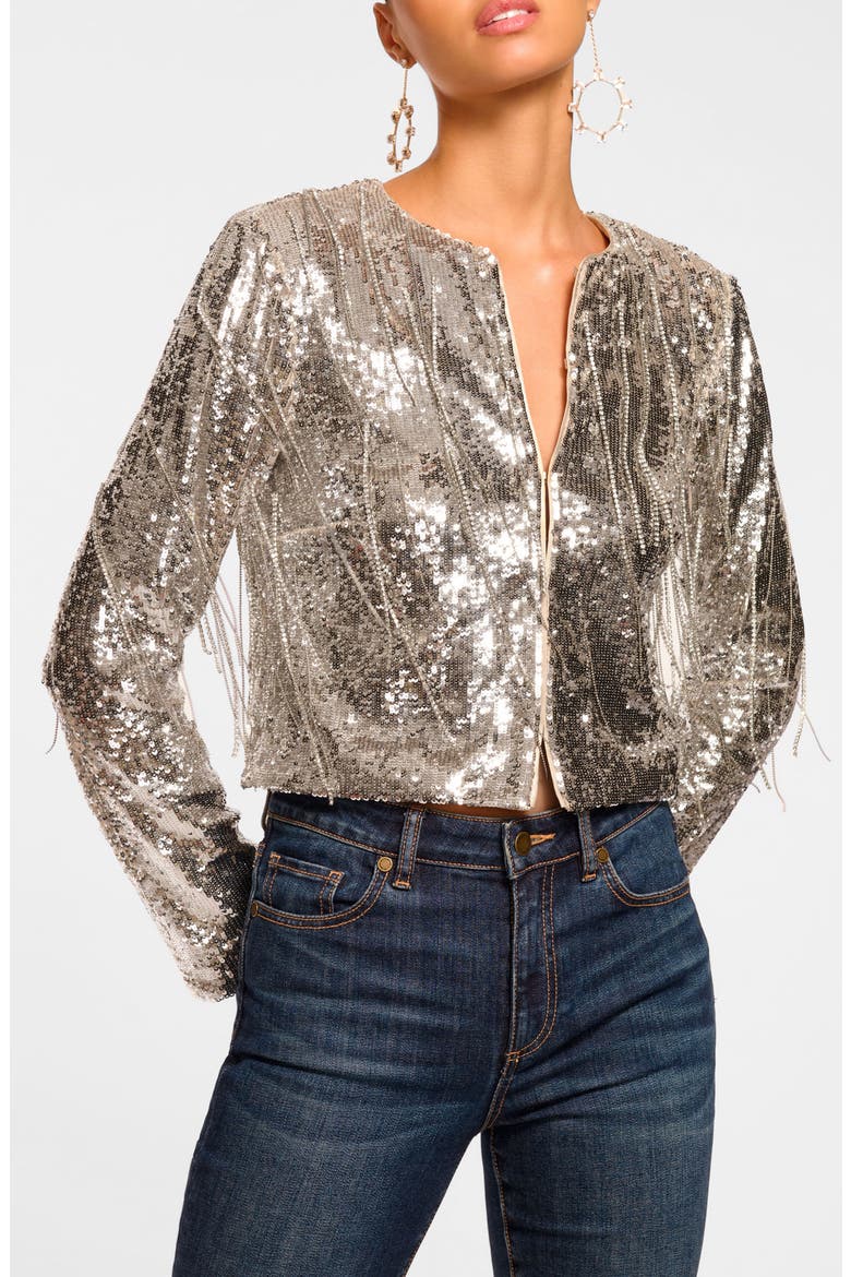 Sapphire Sequin Fringe Crop Jacket, Main, color, PLATINUM SEQUIN FRINGE