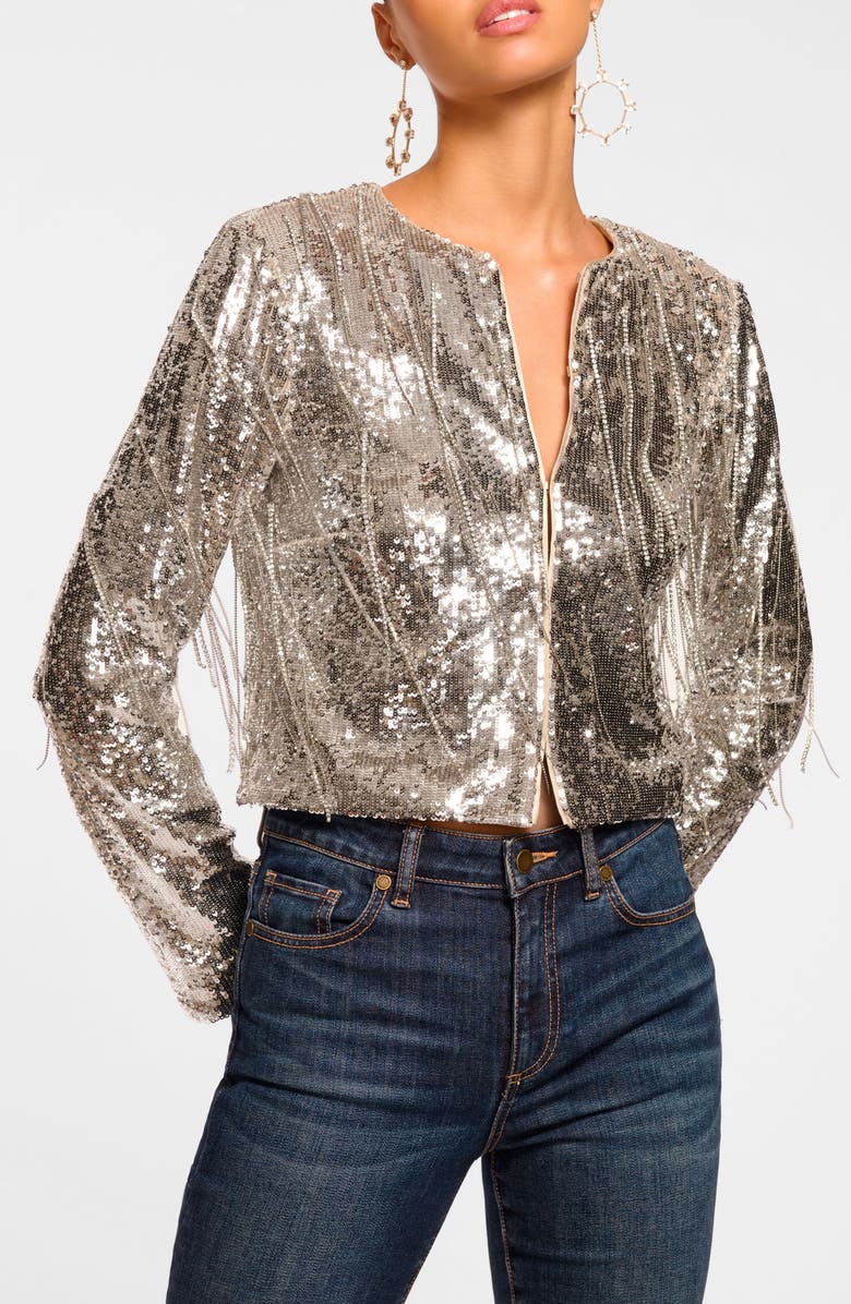 Ramy Brook Sapphire Sequin Fringe Crop Jacket, Main, color, Platinum Sequin Fringe