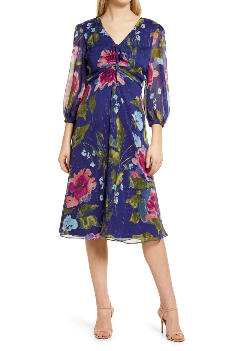 Floral Ruched Front Midi Dress, Main, color, NAVY MULTI