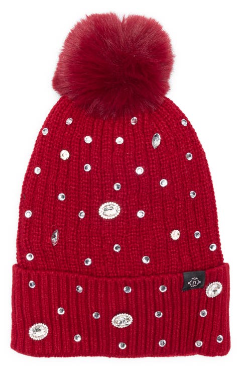 Rhinestone Beanie with Faux Fur Pompom