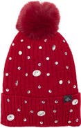 Nanette Lepore Rhinestone Beanie with Faux Fur Pompom