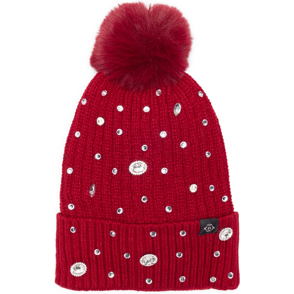 Nanette Lepore Rhinestone Beanie With Faux Fur Pompom In Red