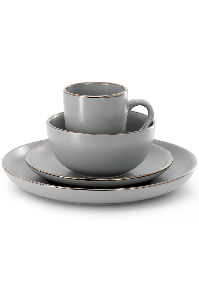 Rockaway 16 Piece Stoneware Gold Rimmed Dinnerware Set, Alternate, color, Grey