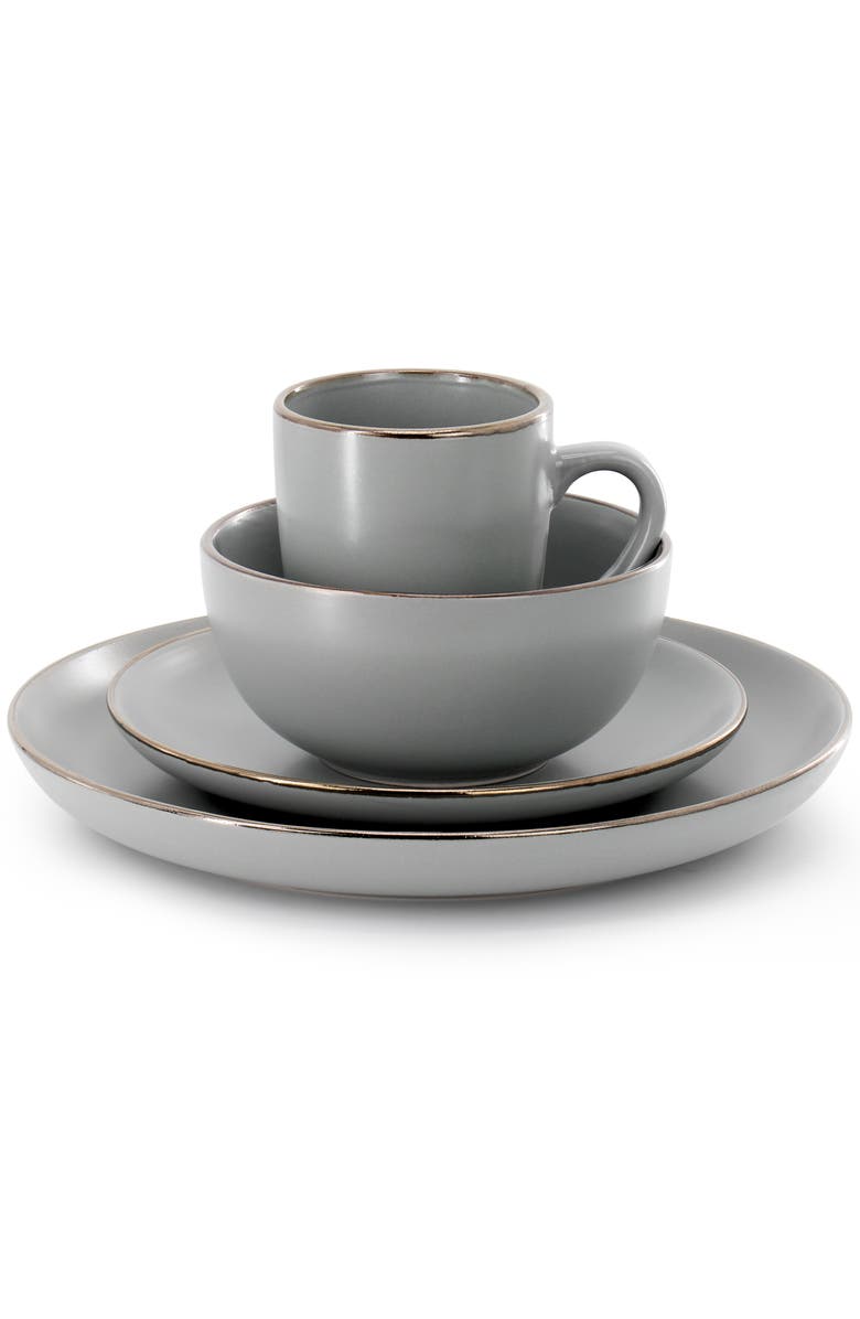 Gibson Home Rockaway 16 Piece Stoneware Gold Rimmed Dinnerware Set, Alternate, color, Grey