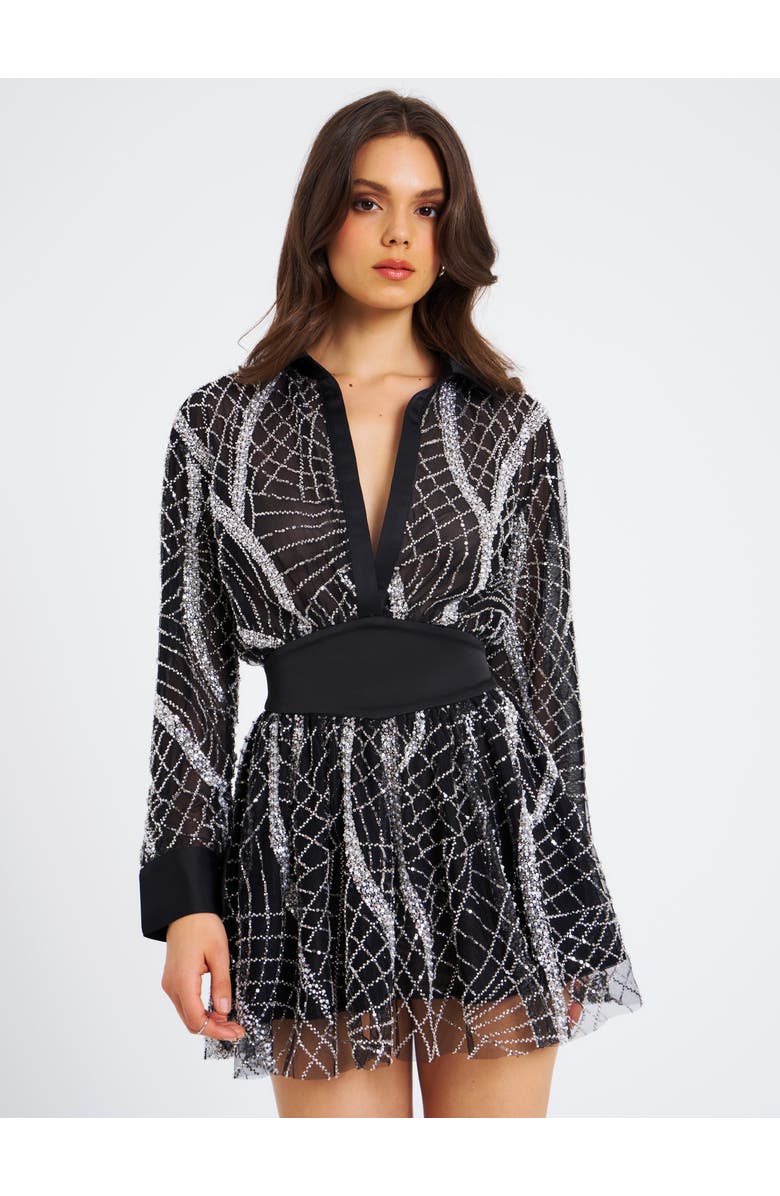 Miss Circle Rachelle Embroidered Mesh Mini Shirt Dress, Alternate, color, Black And White