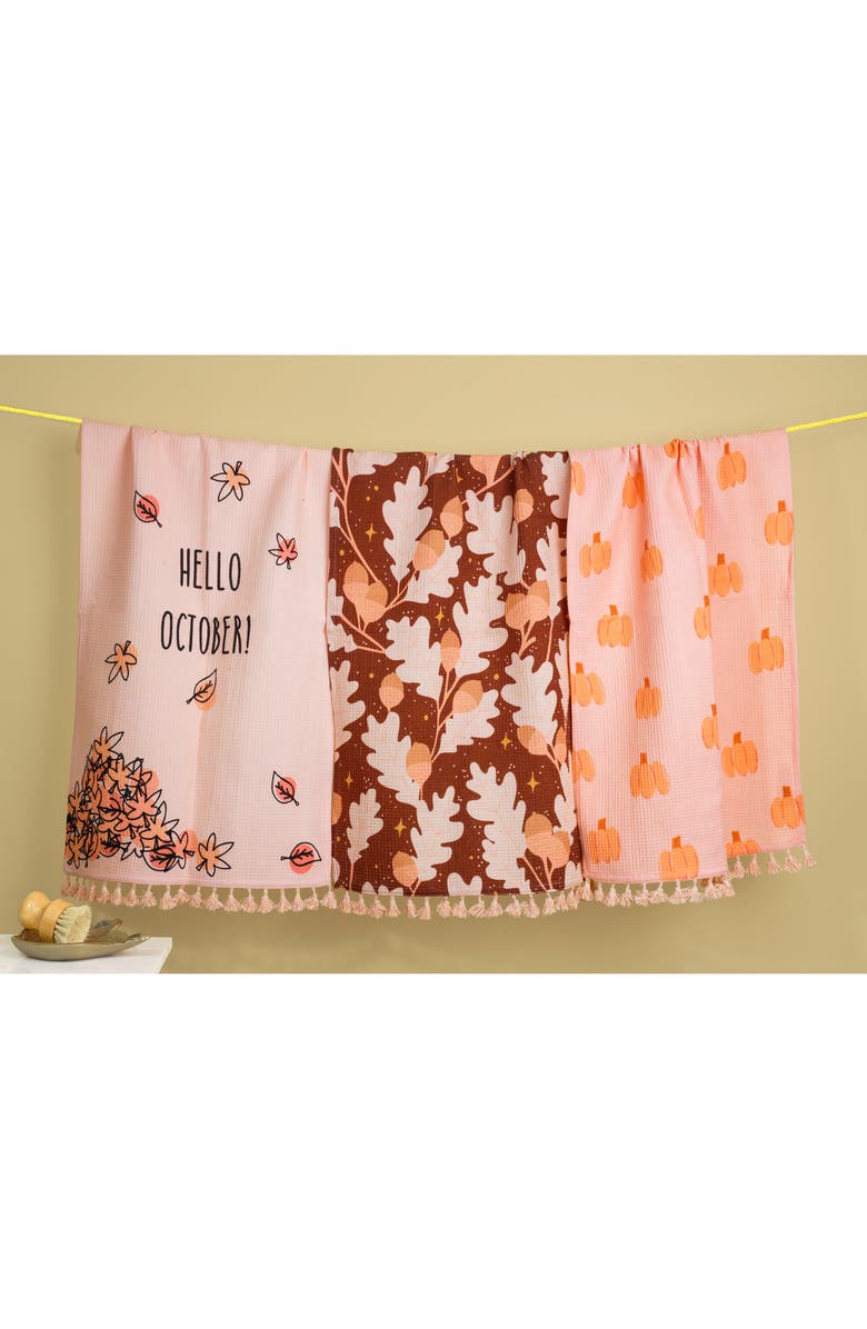 Tiramisu Hello October Autumn Set of 3 Kitchen Towels, Alternate, color, Peach/ Orange/ Brown