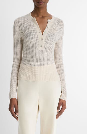 Vince Pointelle Cashmere & Silk Henley in White Sand at Nordstrom Rack, Size Large