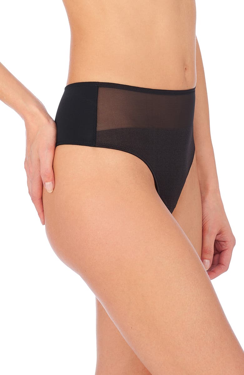 Natori High Waist Mesh & Jersey Thong, Alternate, color, Black