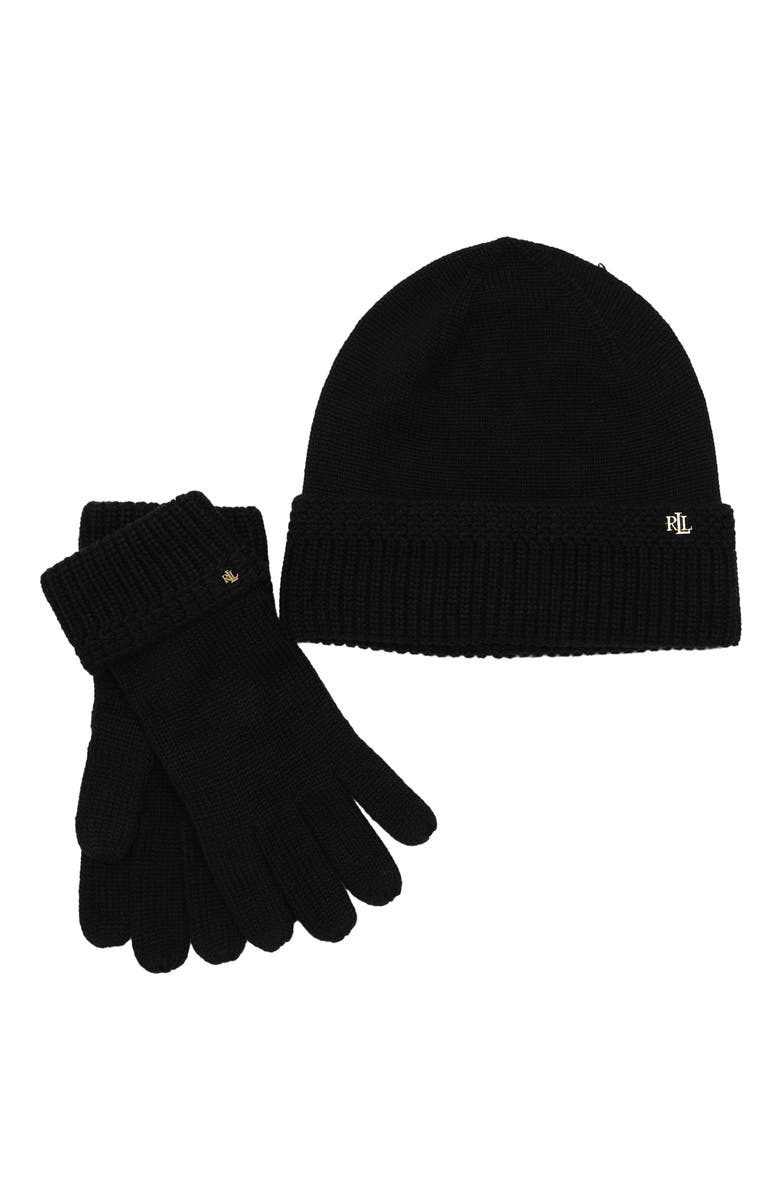 ZZDNU Lauren Ralplh Lauren Racking Stitch Knit Beanie And Glove Giftset, Alternate, color, Black