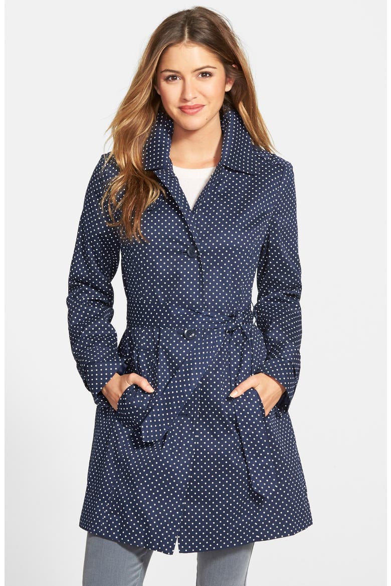 Polka Dot Single Breasted Trench Coat, Main, color, NAVY DOT