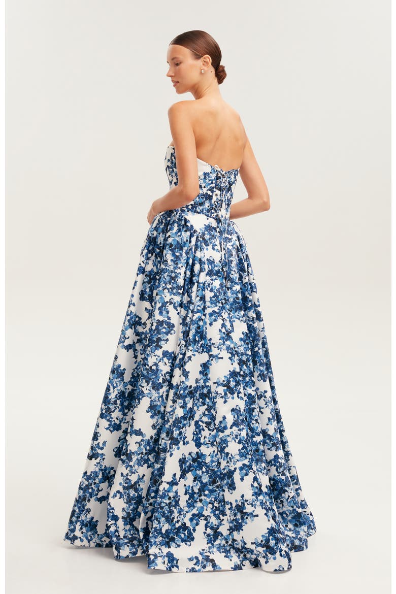 Blue Floral Strapless Maxi Evening Gown with Corset Bodice, Alternate, color, Blue