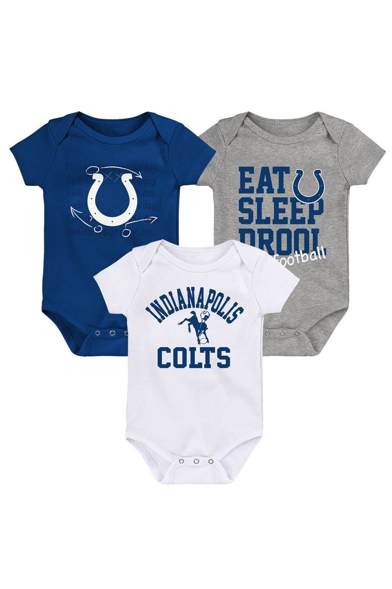 Newborn & Infant Royal/White/Heather Gray Indianapolis Colts Three-Pack Eat, Sleep & Drool Retro Bodysuit Set, Main, color, Royal
