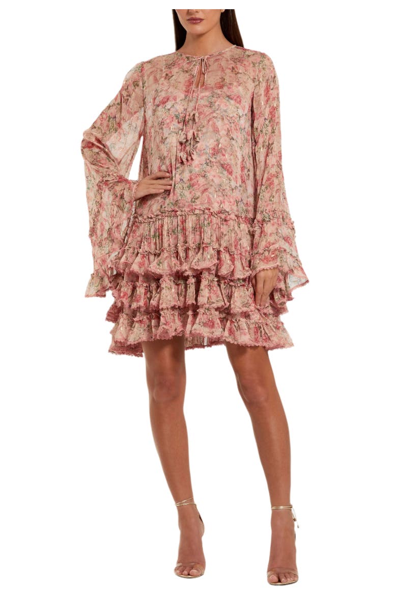 Mac Duggal Women's Floral Long Sleeve Ruffle Viscose Mini Dress, Main, color, Pink Multi