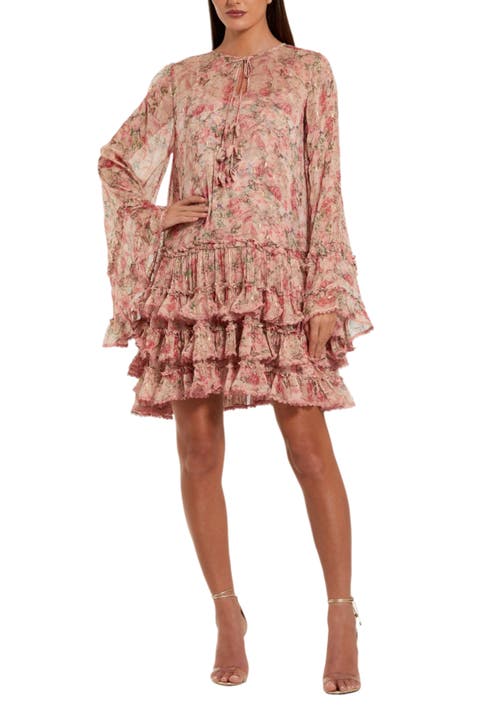 Women's Floral Long Sleeve Ruffle Viscose Mini Dress